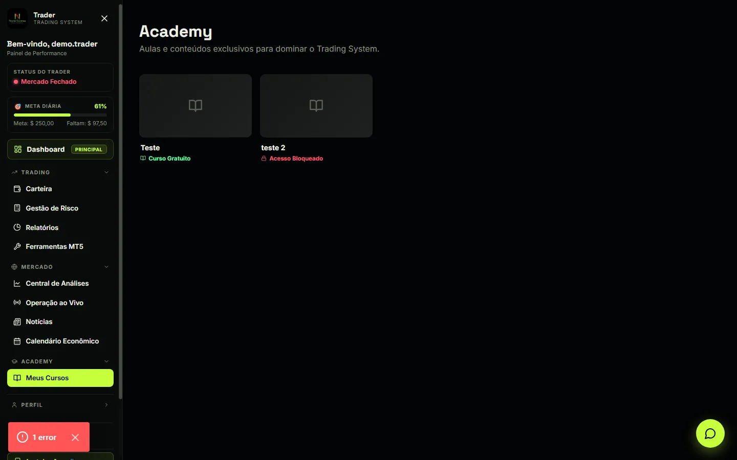 Interface Real da Academy no Nade Soares Trading System